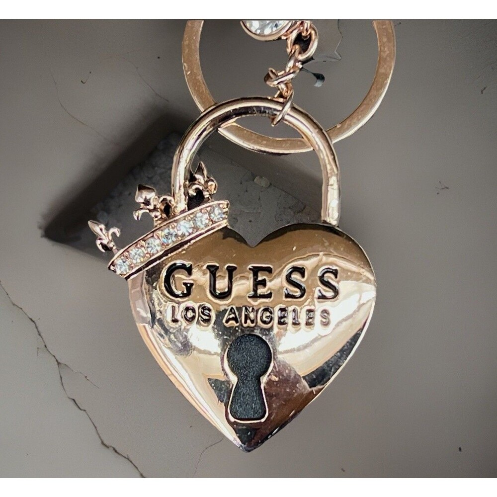 Guess Heart Padlock Crown Bag Charm  Keychain Gold Tone BLING  Fleur De Lis - Picture 5 of 9